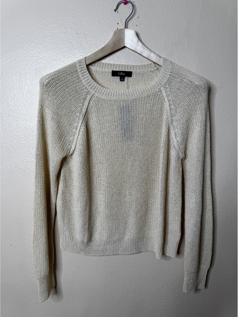 Lulus Womens S Cream Open Knit Pullover Sweater Raglan Sleeve Lightweight NWT
